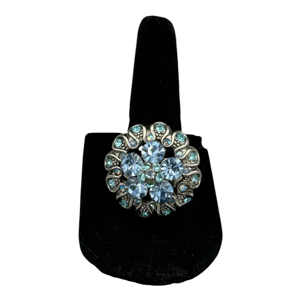Blue Rhinestone Statement Ring Adjustable Silver … - image 1